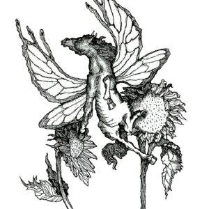 Pen & Ink, Nature, Tree, Leaves, horse, horsefly, flower, sunflower